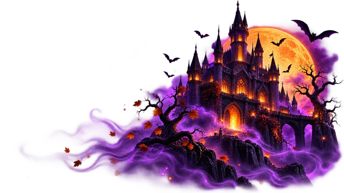 Haunted castle glowing in front of a full moon, wrapped in purple mist