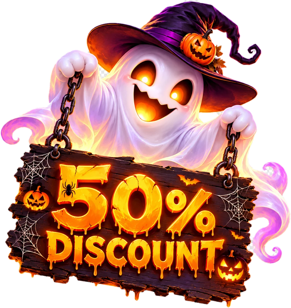 Friendly ghost in a witch hat holding a sign that reads 50% Discount
