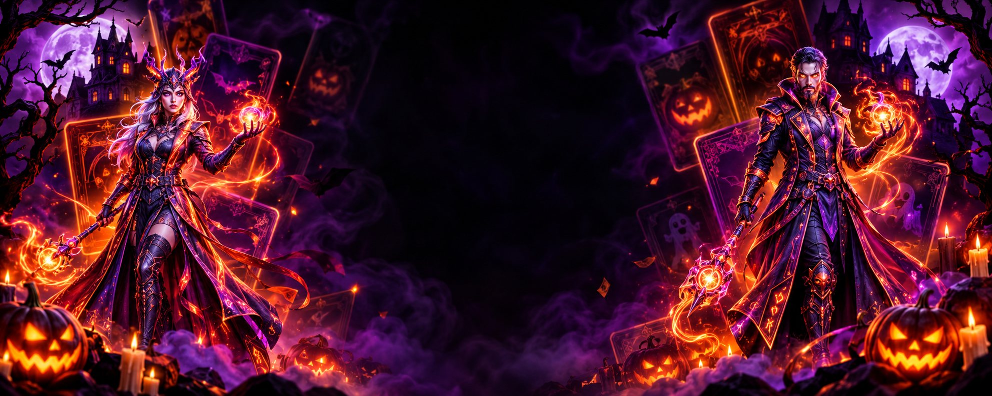 Two sorcerers casting fire spells among giant tarot cards, haunted castles and jack-o'-lanterns