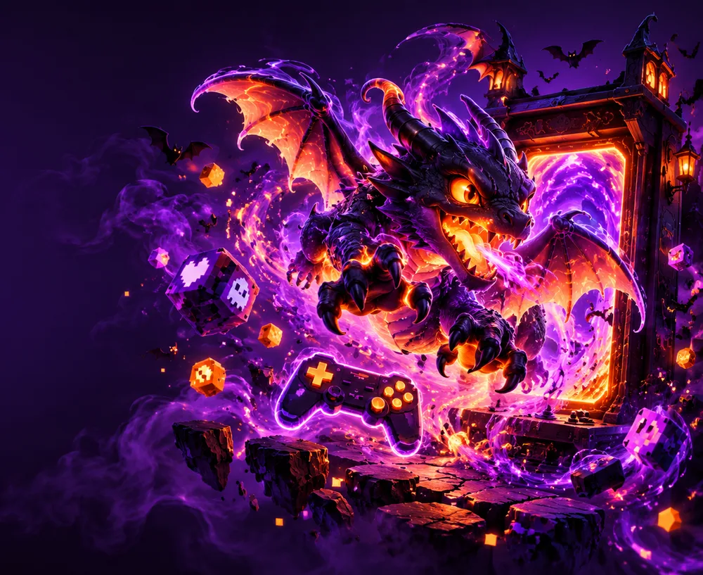 Fire-breathing dragon bursting out of an arcade portal with a glowing game controller
