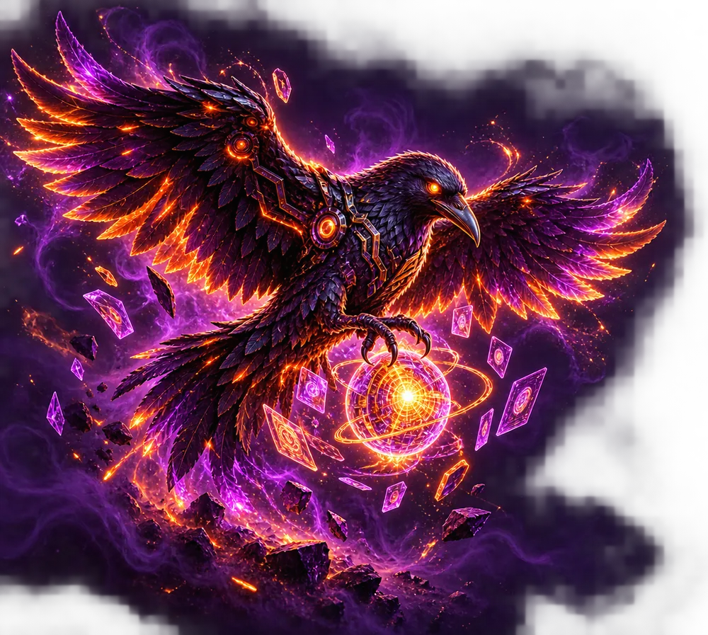 Glowing cyber raven clutching a fiery orb among floating tarot cards