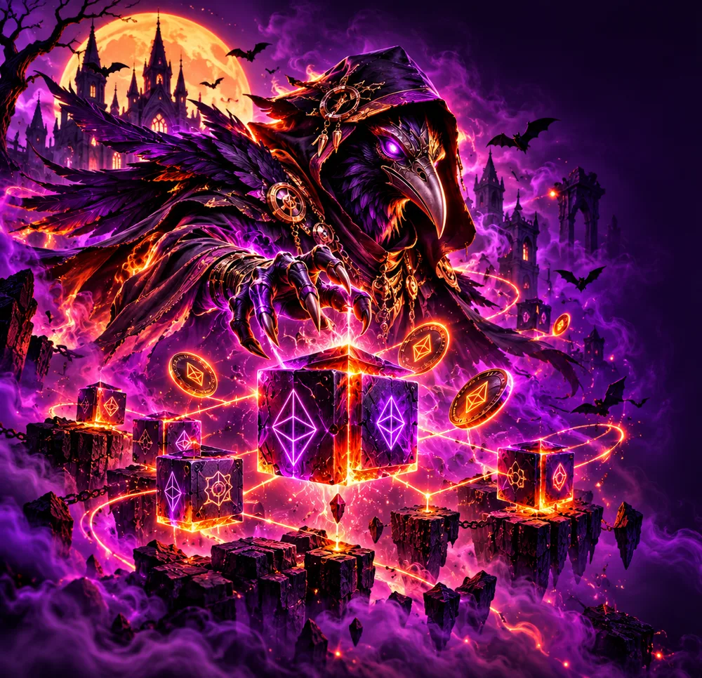Hooded raven sorcerer guarding glowing blockchain cubes and crypto coins