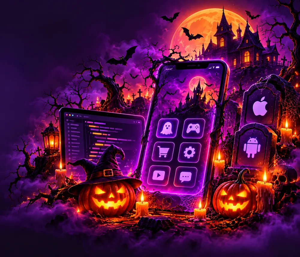 Glowing smartphone and laptop showing app screens in a haunted graveyard with jack-o'-lanterns