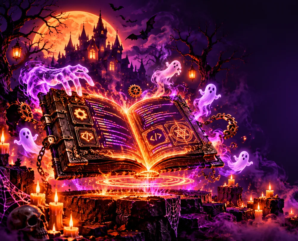 Glowing spellbook of code floating above an altar, surrounded by ghosts and candles