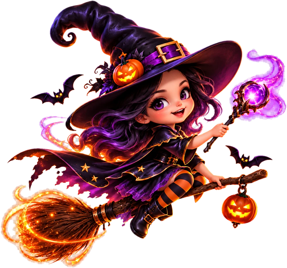 Little witch flying on a broomstick with a glowing staff and jack-o'-lantern