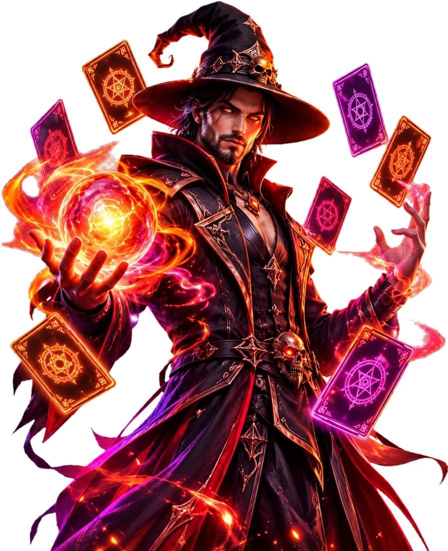 Sorcerer conjuring a fireball while glowing tarot cards float around him