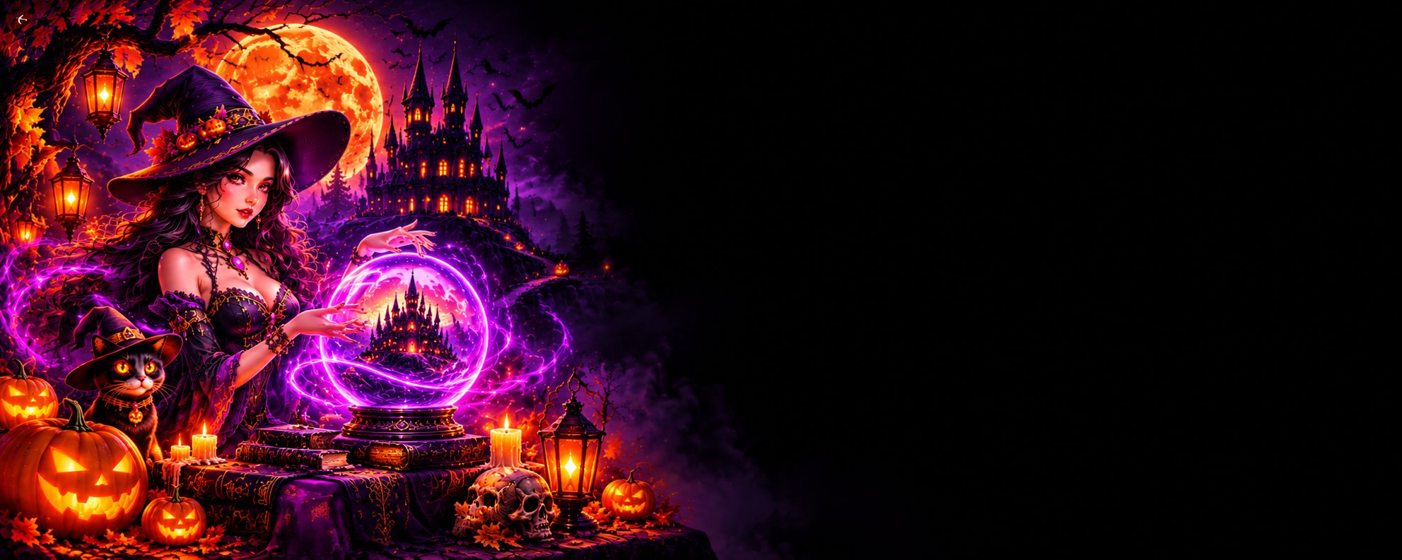 Witch with a black cat and crystal ball in front of a haunted castle